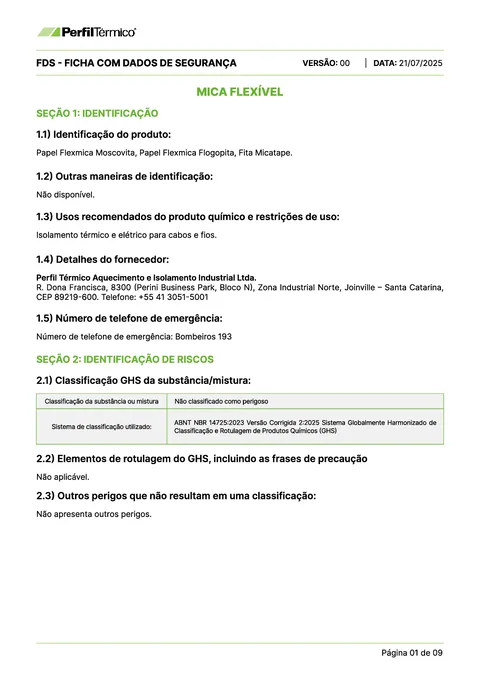 Ficha com Dados de Segurança (FDS) - Papel Flexmica