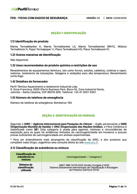 Ficha com Dados de Segurança (FDS) - Manta Termalblanket