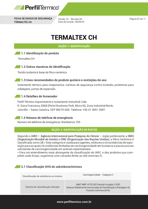 Ficha com Dados de Segurança (FDS) - Tecido Termaltex C