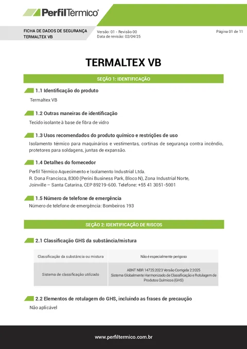 Ficha com Dados de Segurança (FDS) - Tecido Termaltex VB