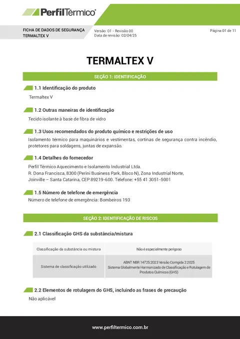 Ficha com Dados de Segurança (FDS) - Tecido Termaltex V