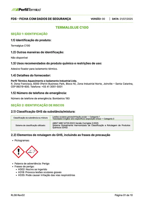 Ficha com Dados de Segurança (FDS) - Termalglue C100