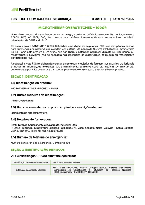 Ficha com Dados de Segurança (FDS) - Microtherm® Overstitched