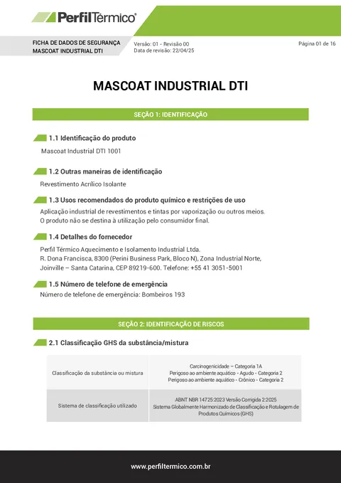 Ficha com Dados de Segurança (FDS) - Mascoat Industrial DTI