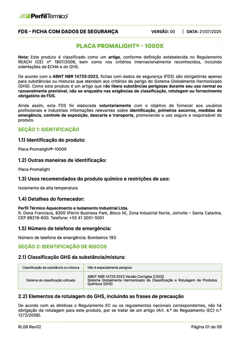 Ficha com Dados de Segurança (FDS) - Placa Promalight®