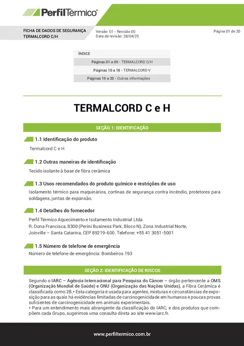 Ficha com Dados de Segurança (FDS) - Corda Termalcord