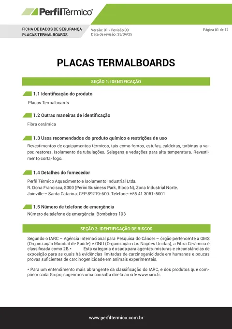 Ficha com Dados de Segurança (FDS) - Placa Termalboard