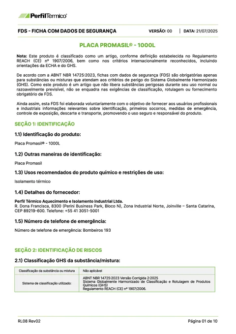 Ficha com Dados de Segurança (FDS) - Placa Promasil®