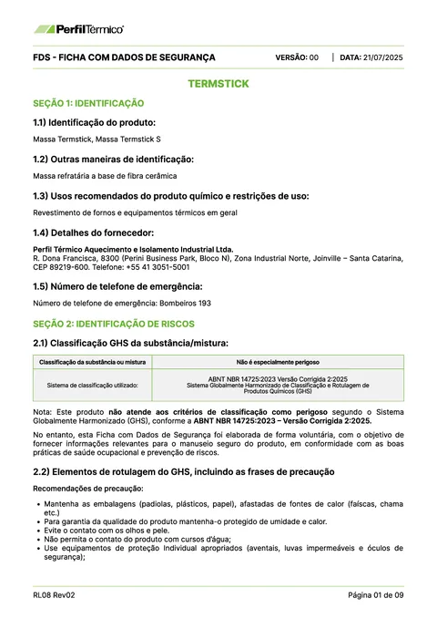 Ficha com Dados de Segurança (FDS) - Massa Termstick