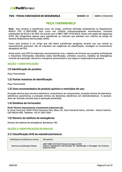 Ficha com Dados de Segurança (FDS) - Peça Thermshield