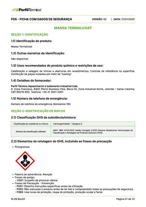 Ficha com Dados de Segurança (FDS) - Massa Termalcoat