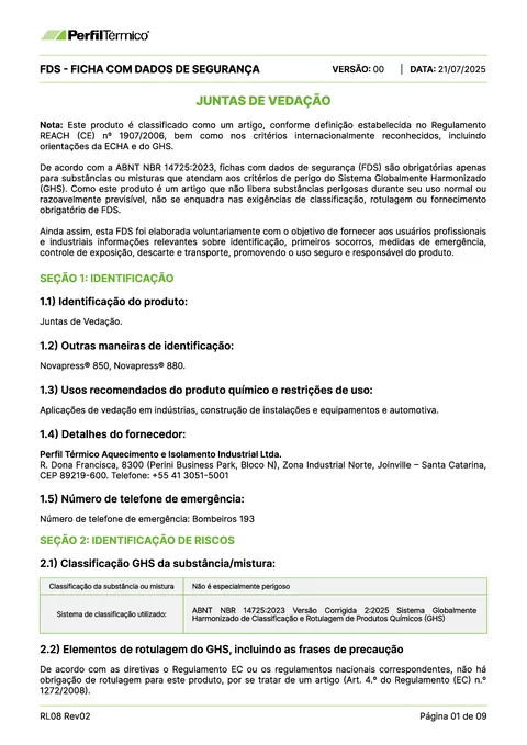 Ficha com Dados de Segurança (FDS) - Novapress 850