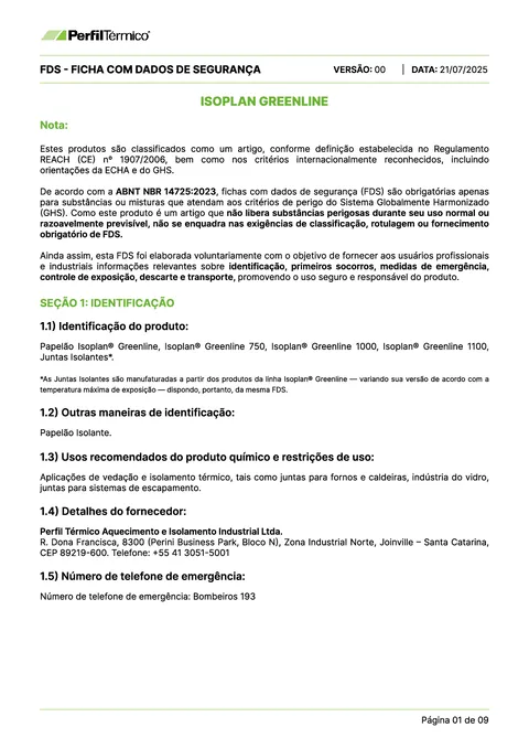 Ficha com Dados de Segurança (FDS) - Papelão Isoplan® VARIO GREENLINE